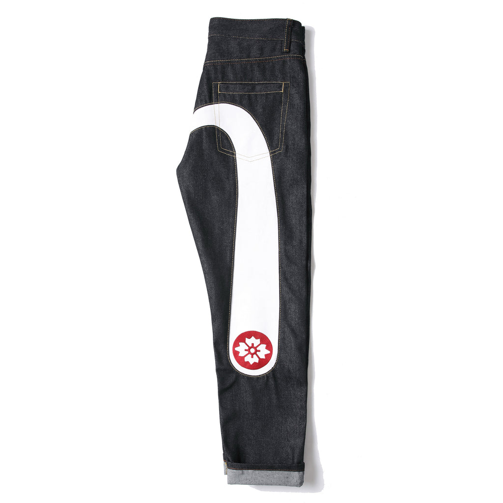 EVISU KURO Daicock Oversized Seagull Appliqué Sakura Mon Jeans Raw Selvedge Denim Dark Indigo