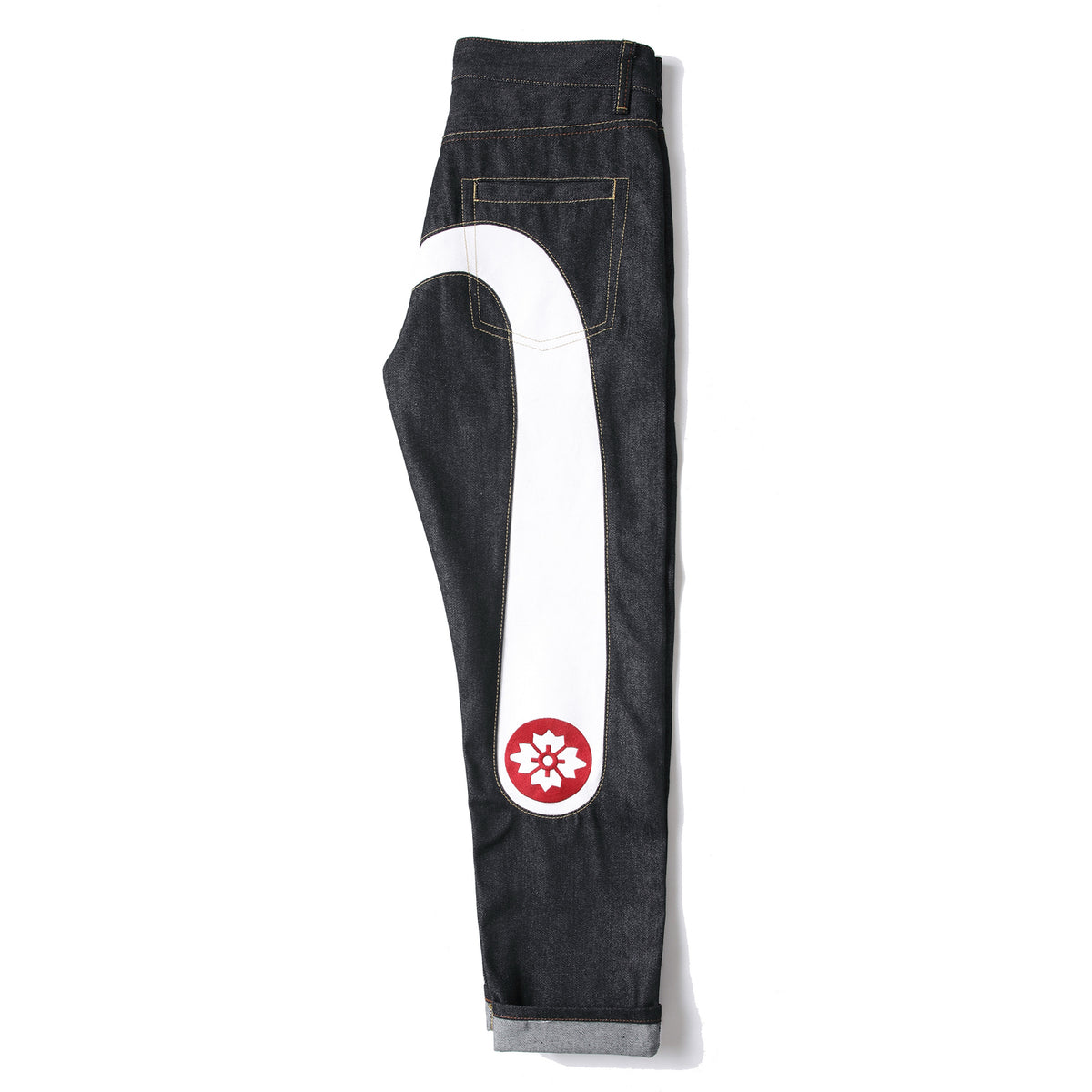 EVISU KURO Daicock Oversized Seagull Appliqué Sakura Mon Jeans Raw Selvedge Denim Dark Indigo
