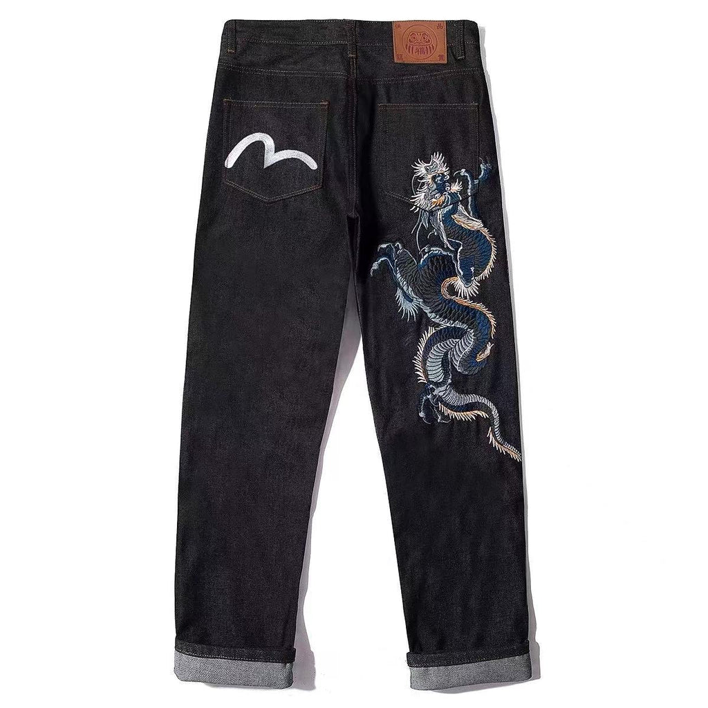 EVISU KURO Dragon Ryū Large-Scale Embroidery Seagull Pocket Jeans Raw Selvedge Denim Dark Indigo