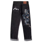 EVISU KURO Dragon Ryū Large-Scale Embroidery Seagull Pocket Jeans Raw Selvedge Denim Dark Indigo