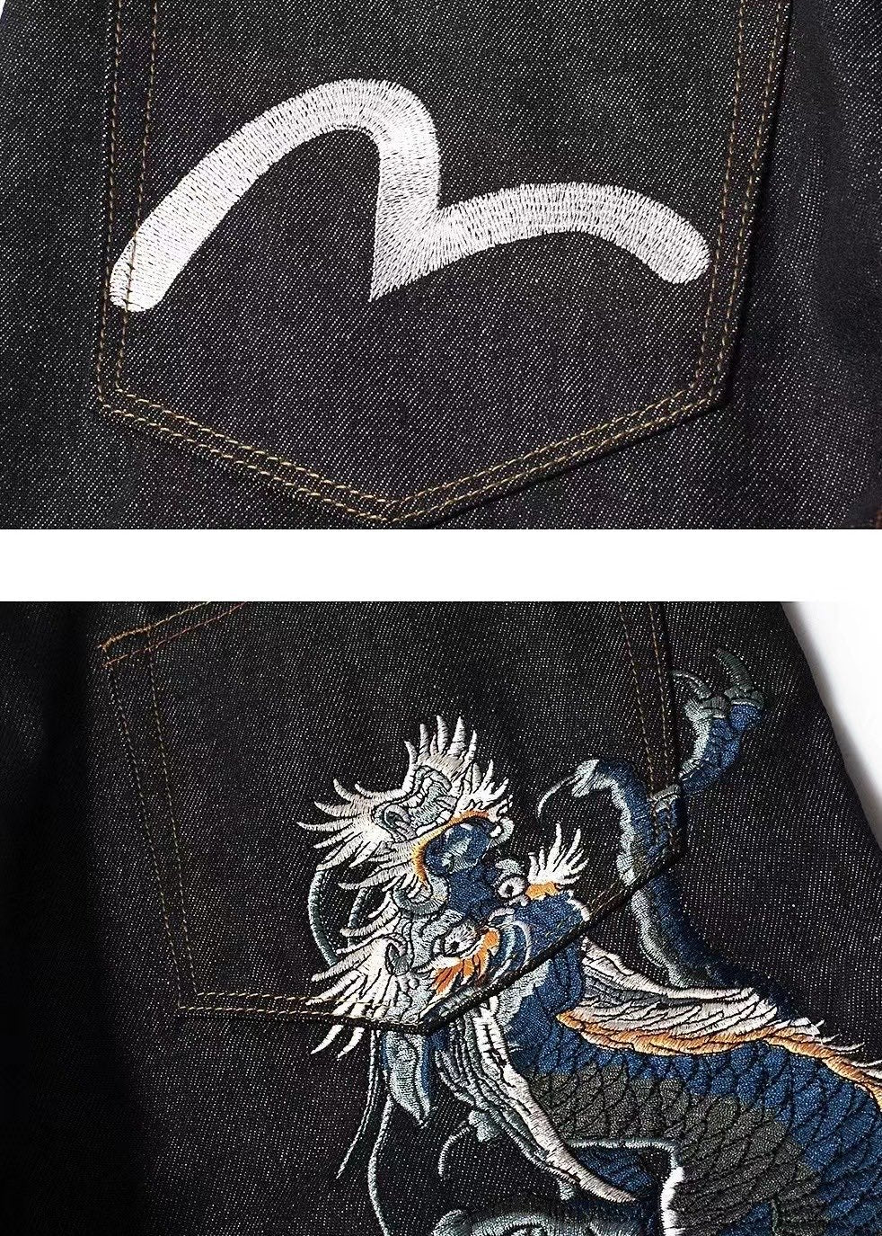 EVISU KURO Dragon Ryū Large-Scale Embroidery Seagull Pocket Jeans Raw Selvedge Denim Dark Indigo