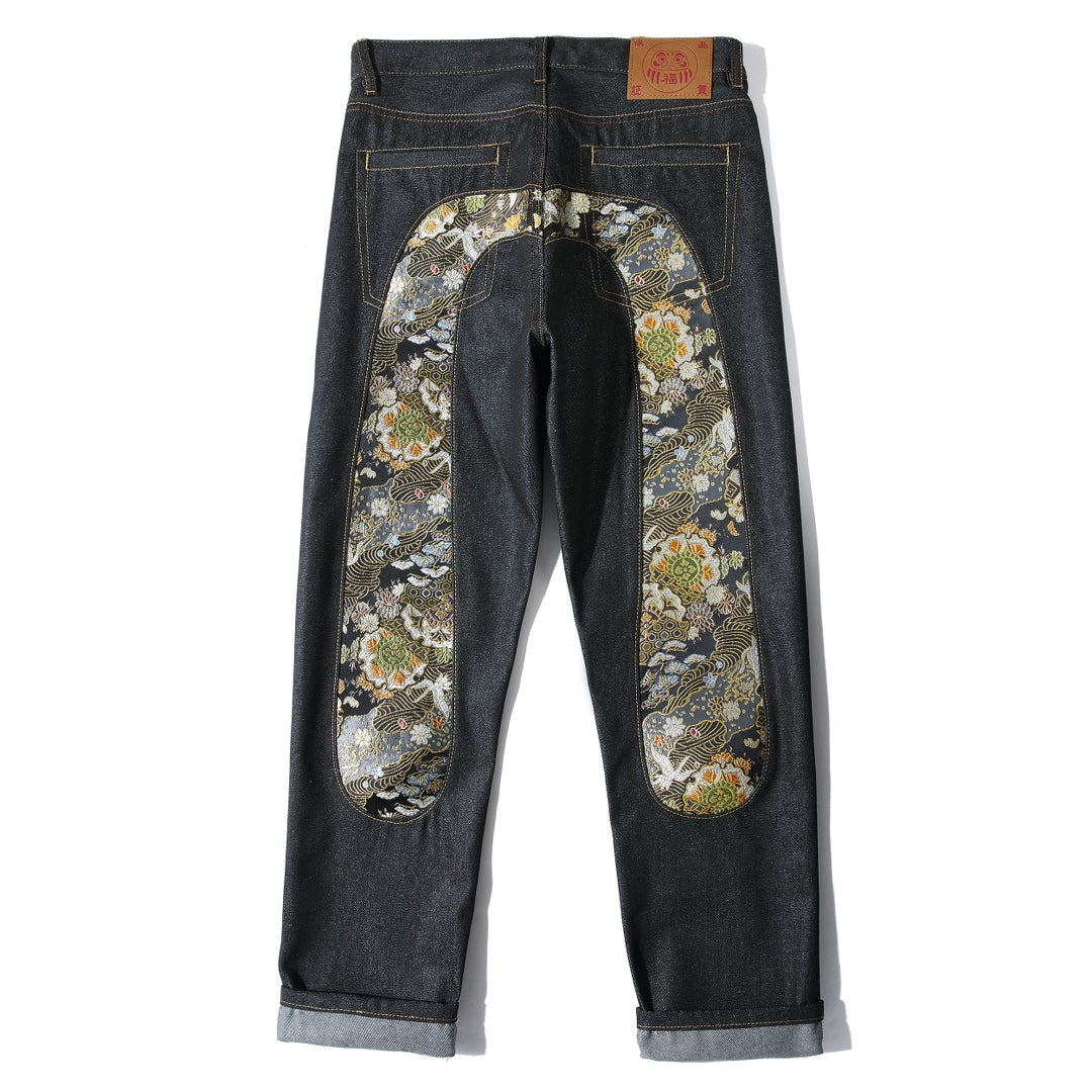 EVISU KURO Daicock Nishiki-Ori Jacquard Seagull Panel Jeans Peony Wave Crane Raw Selvedge Dark Indigo