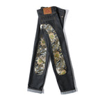 EVISU KURO Daicock Nishiki-Ori Jacquard Seagull Panel Jeans Peony Wave Crane Raw Selvedge Dark Indigo