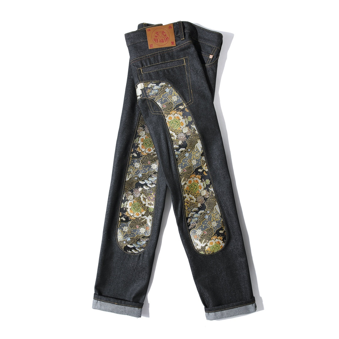 EVISU KURO Daicock Nishiki-Ori Jacquard Seagull Panel Jeans Peony Wave Crane Raw Selvedge Dark Indigo