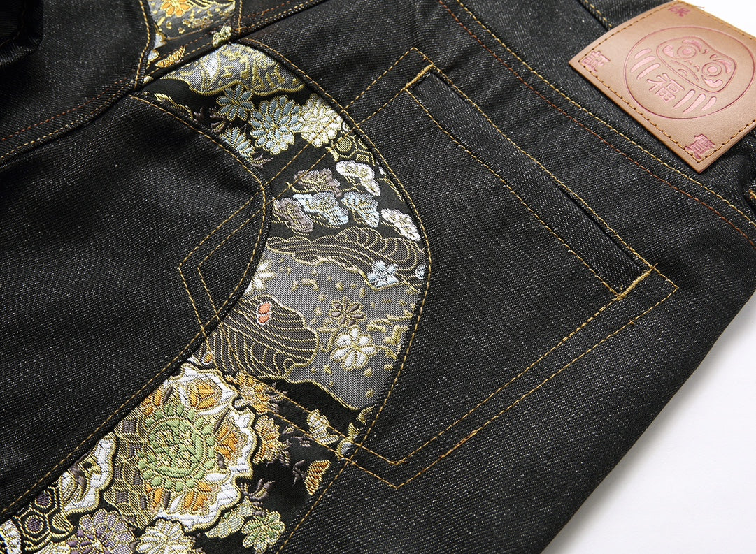 EVISU KURO Daicock Nishiki-Ori Jacquard Seagull Panel Jeans Peony Wave Crane Raw Selvedge Dark Indigo