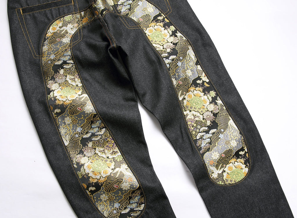 EVISU KURO Daicock Nishiki-Ori Jacquard Seagull Panel Jeans Peony Wave Crane Raw Selvedge Dark Indigo