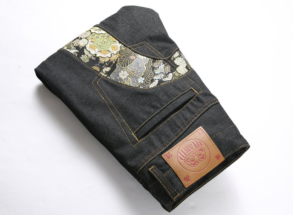 EVISU KURO Daicock Nishiki-Ori Jacquard Seagull Panel Jeans Peony Wave Crane Raw Selvedge Dark Indigo