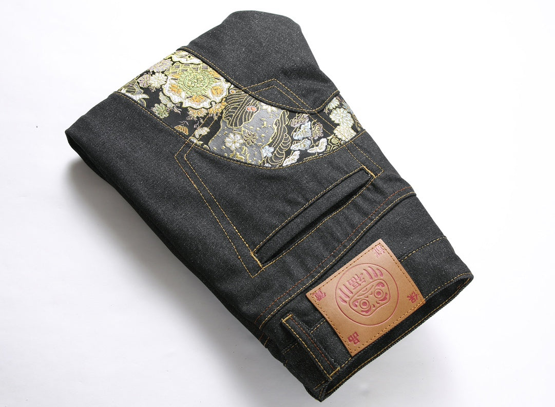EVISU KURO Daicock Nishiki-Ori Jacquard Seagull Panel Jeans Peony Wave Crane Raw Selvedge Dark Indigo