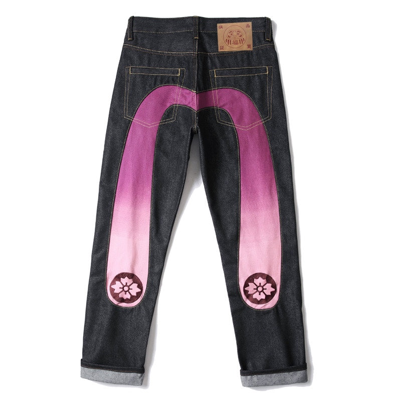 EVISU KURO Daicock Ombré Pink Gradient Seagull Panel Sakura Kamon Jeans Raw Selvedge Dark Indigo