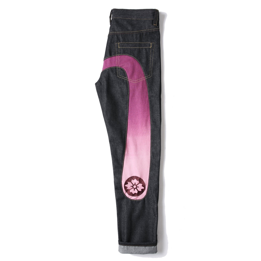 EVISU KURO Daicock Ombré Pink Gradient Seagull Panel Sakura Kamon Jeans Raw Selvedge Dark Indigo