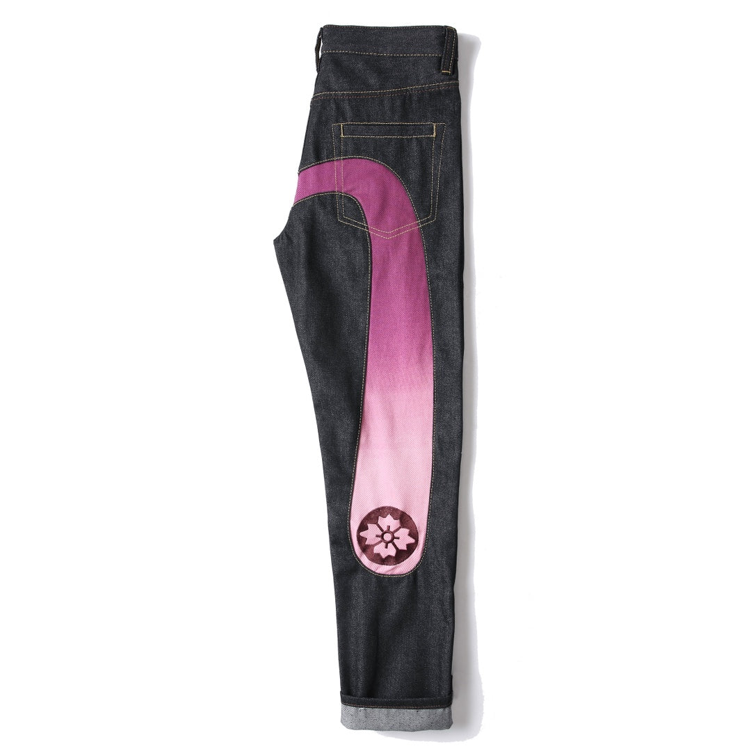 EVISU KURO Daicock Ombré Pink Gradient Seagull Panel Sakura Kamon Jeans Raw Selvedge Dark Indigo