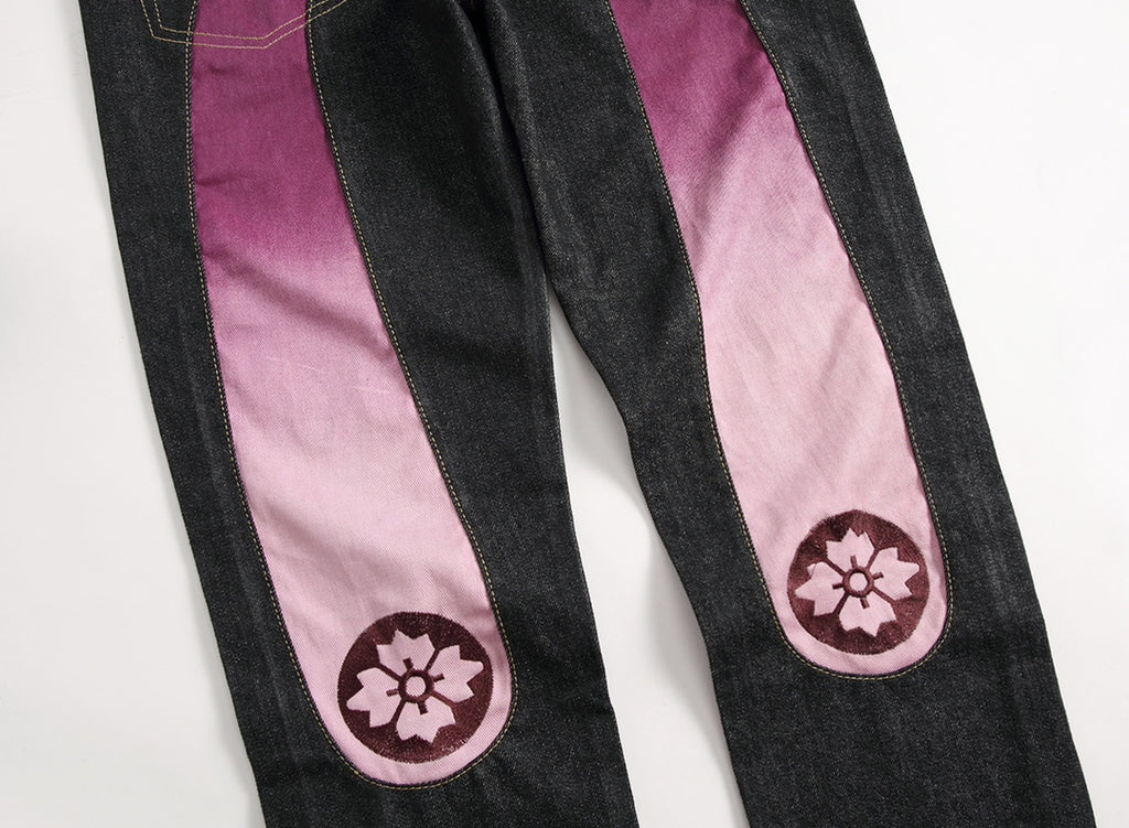 EVISU KURO Daicock Ombré Pink Gradient Seagull Panel Sakura Kamon Jeans Raw Selvedge Dark Indigo