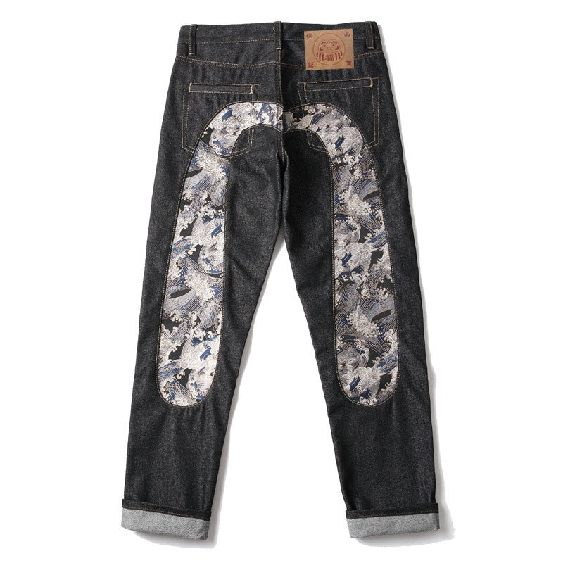 EVISU KURO Daicock Ukiyo-e Wave Whale Print Seagull Panel Jeans Raw Selvedge Dark Indigo