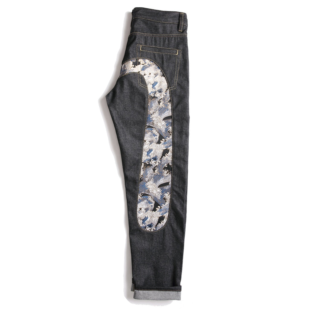 EVISU KURO Daicock Ukiyo-e Wave Whale Print Seagull Panel Jeans Raw Selvedge Dark Indigo