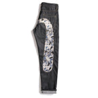 EVISU KURO Daicock Ukiyo-e Wave Whale Print Seagull Panel Jeans Raw Selvedge Dark Indigo