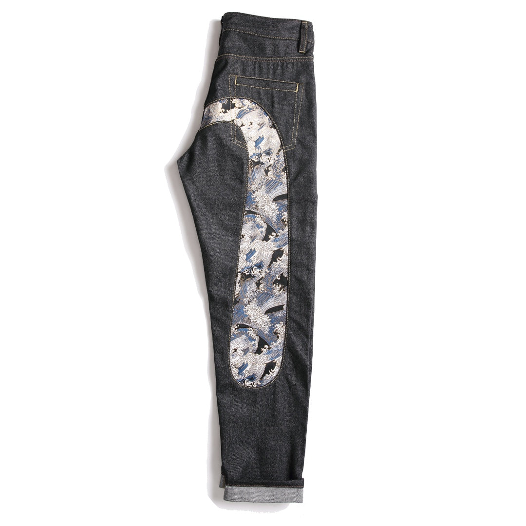 EVISU KURO Daicock Ukiyo-e Wave Whale Print Seagull Panel Jeans Raw Selvedge Dark Indigo