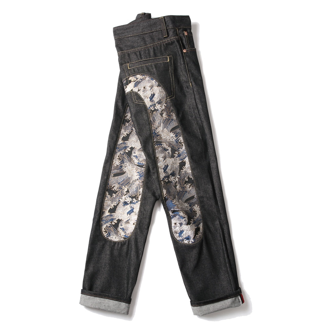 EVISU KURO Daicock Ukiyo-e Wave Whale Print Seagull Panel Jeans Raw Selvedge Dark Indigo