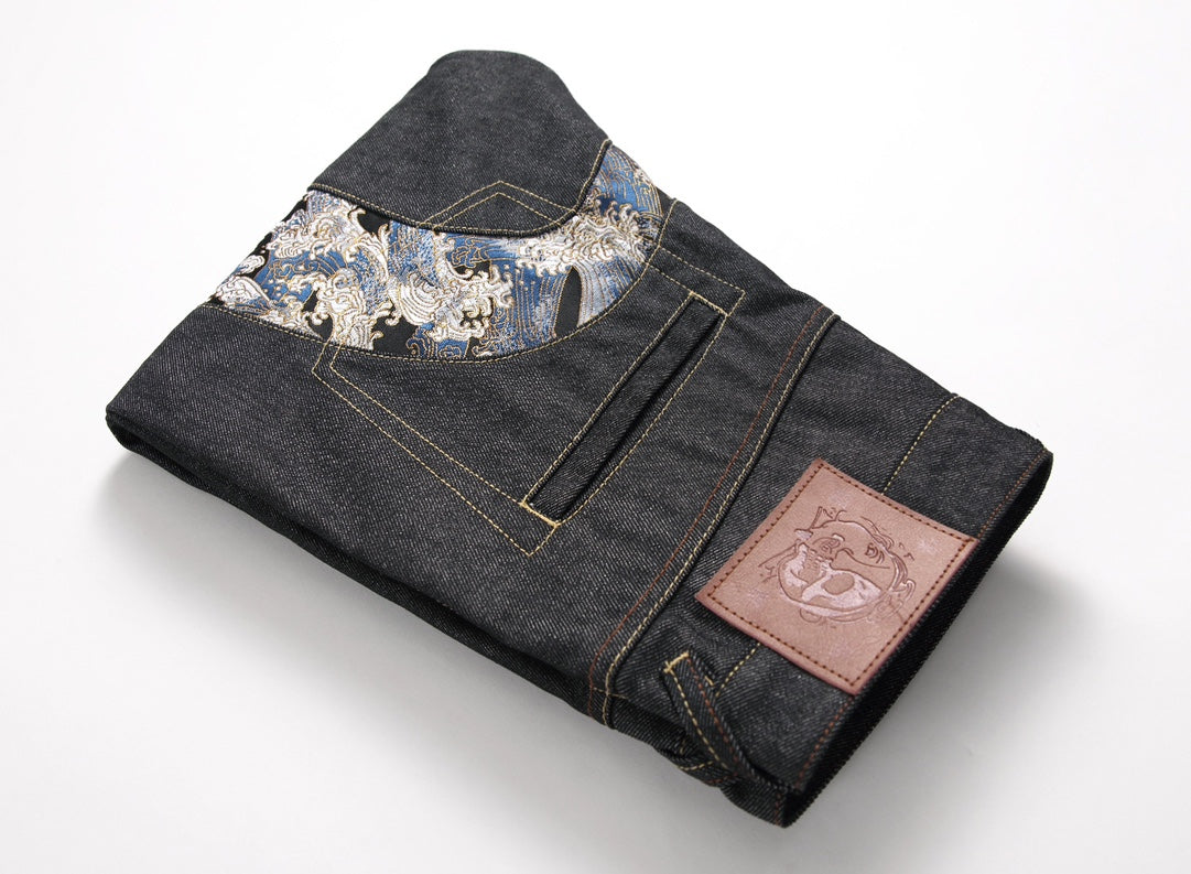 EVISU KURO Daicock Ukiyo-e Wave Whale Print Seagull Panel Jeans Raw Selvedge Dark Indigo