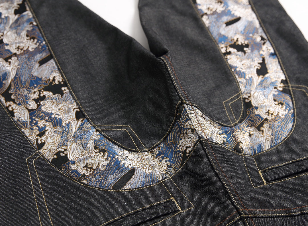 EVISU KURO Daicock Ukiyo-e Wave Whale Print Seagull Panel Jeans Raw Selvedge Dark Indigo