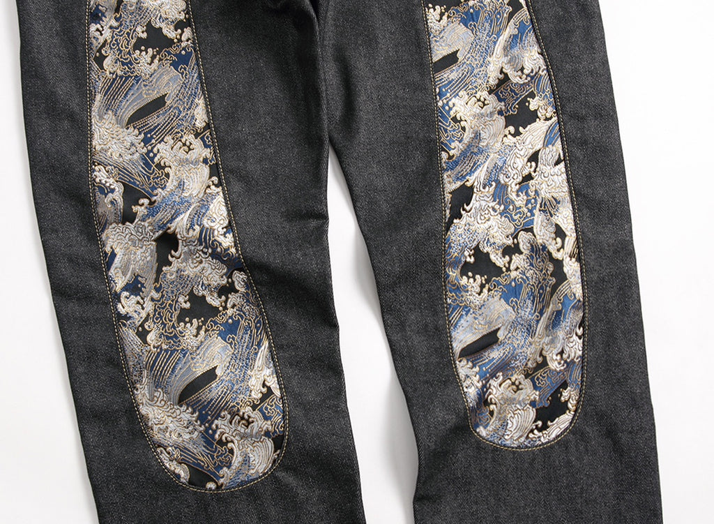 EVISU KURO Daicock Ukiyo-e Wave Whale Print Seagull Panel Jeans Raw Selvedge Dark Indigo
