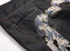 EVISU KURO Daicock Ukiyo-e Wave Whale Print Seagull Panel Jeans Raw Selvedge Dark Indigo