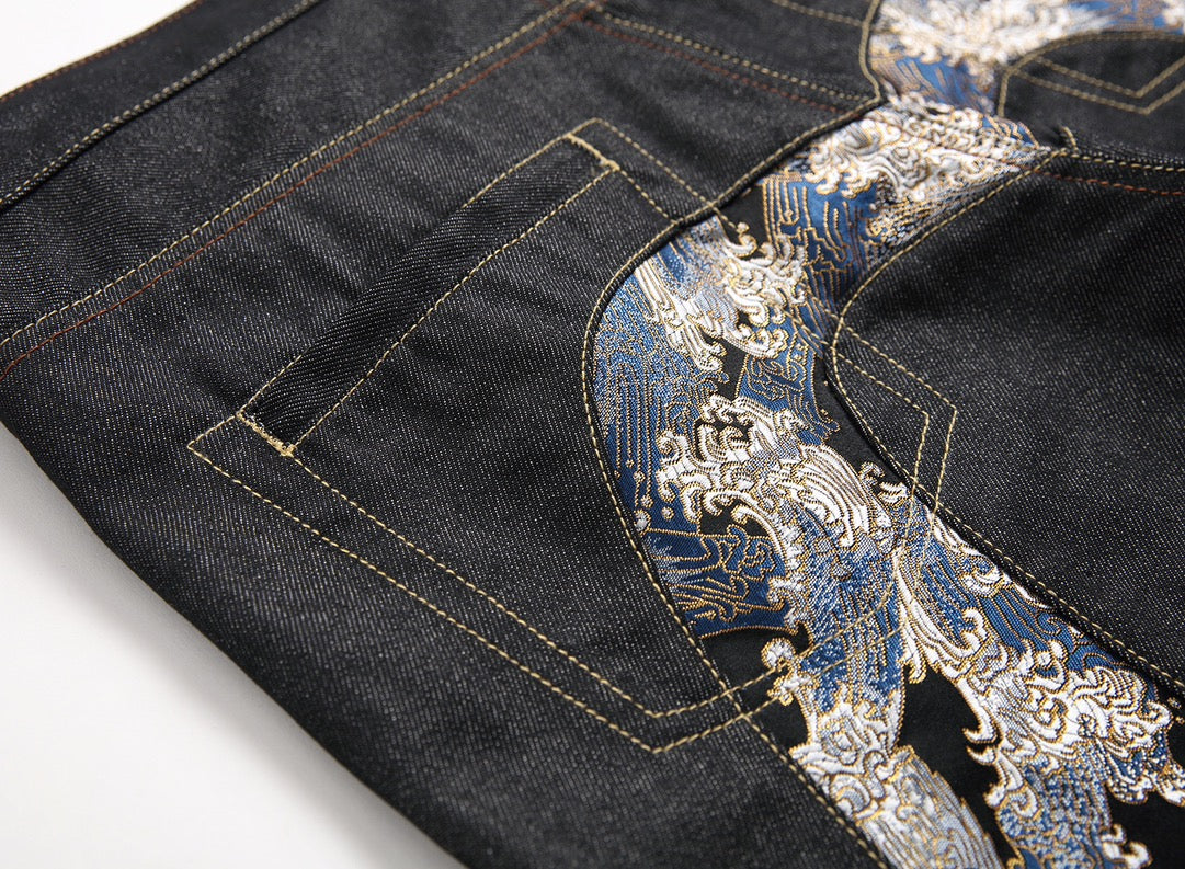 EVISU KURO Daicock Ukiyo-e Wave Whale Print Seagull Panel Jeans Raw Selvedge Dark Indigo