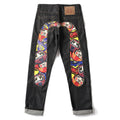 EVISU KURO Daicock Daruma Doll Print Appliqué Panel Jeans Wide Fit Raw Selvedge Dark Indigo