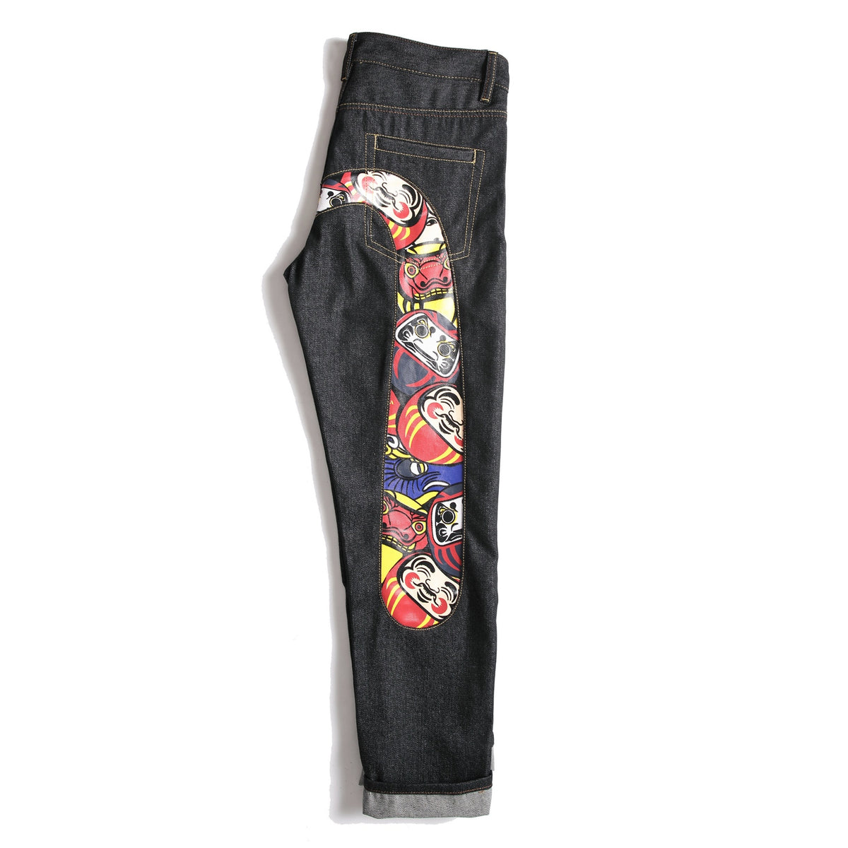 EVISU KURO Daicock Daruma Doll Print Appliqué Panel Jeans Wide Fit Raw Selvedge Dark Indigo