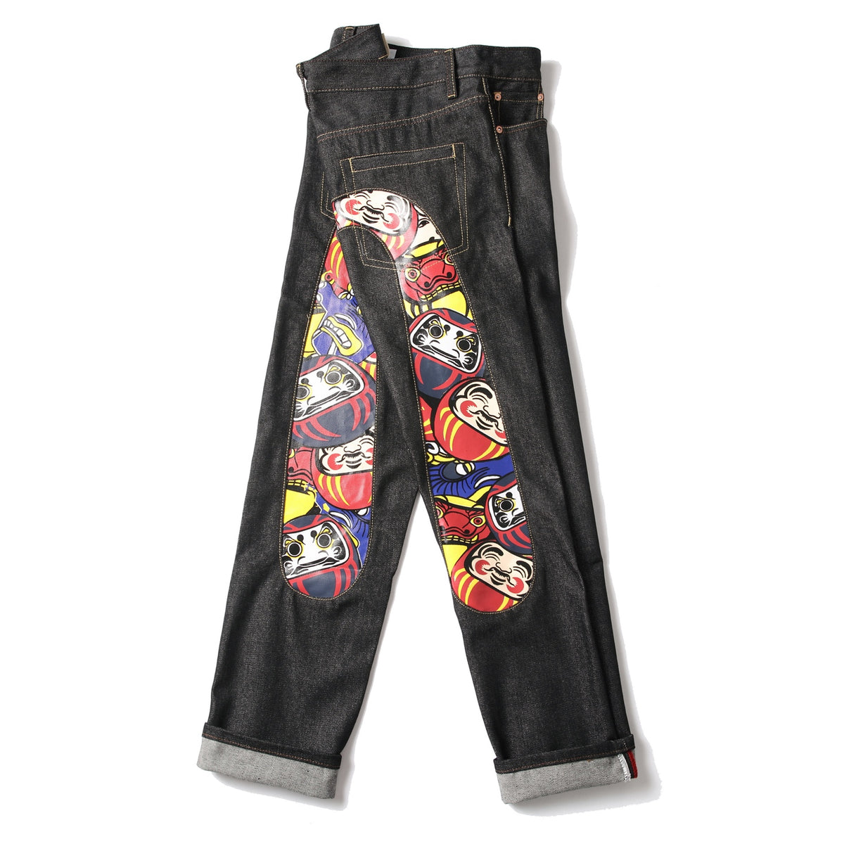 EVISU KURO Daicock Daruma Doll Print Appliqué Panel Jeans Wide Fit Raw Selvedge Dark Indigo