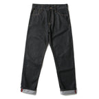 EVISU KURO Daicock Daruma Doll Print Appliqué Panel Jeans Wide Fit Raw Selvedge Dark Indigo