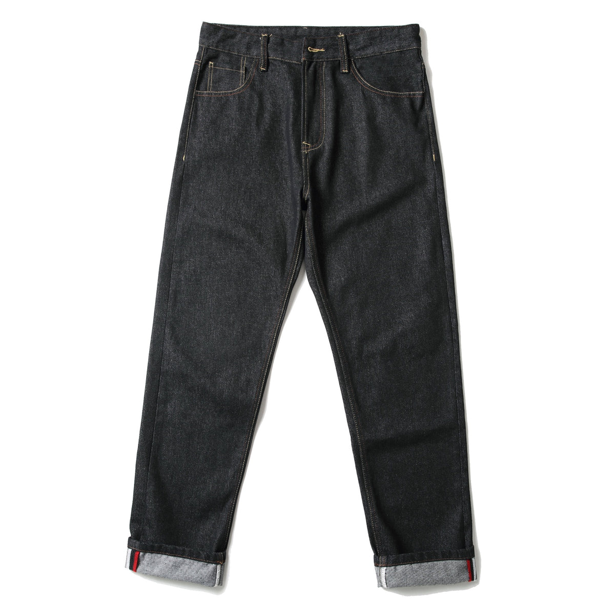 EVISU KURO Daicock Daruma Doll Print Appliqué Panel Jeans Wide Fit Raw Selvedge Dark Indigo