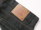 EVISU KURO Daicock Daruma Doll Print Appliqué Panel Jeans Wide Fit Raw Selvedge Dark Indigo