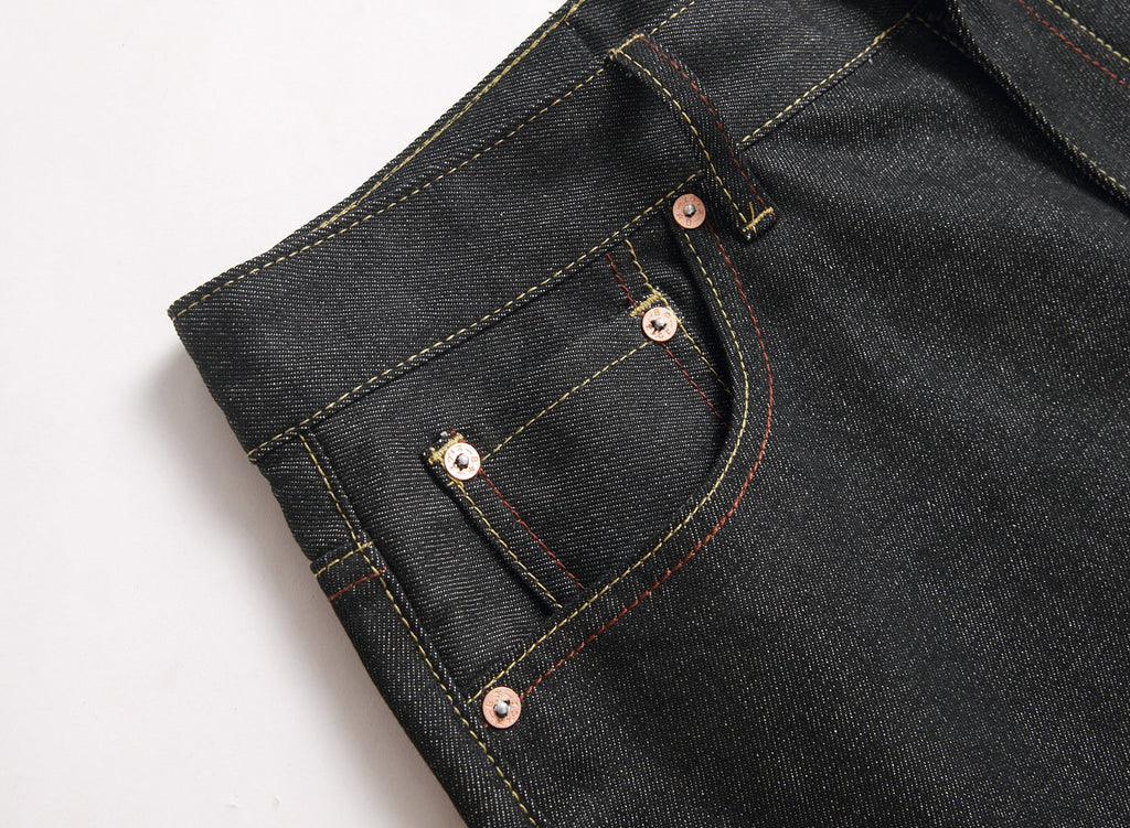 EVISU KURO Daicock Daruma Doll Print Appliqué Panel Jeans Wide Fit Raw Selvedge Dark Indigo