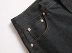 EVISU KURO Daicock Daruma Doll Print Appliqué Panel Jeans Wide Fit Raw Selvedge Dark Indigo