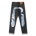 EVISU KURO Daicock Koi Fish Wave Irezumi Print Appliqué Panel Jeans Raw Selvedge Dark Indigo