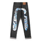 EVISU KURO Daicock Koi Fish Wave Irezumi Print Appliqué Panel Jeans Raw Selvedge Dark Indigo