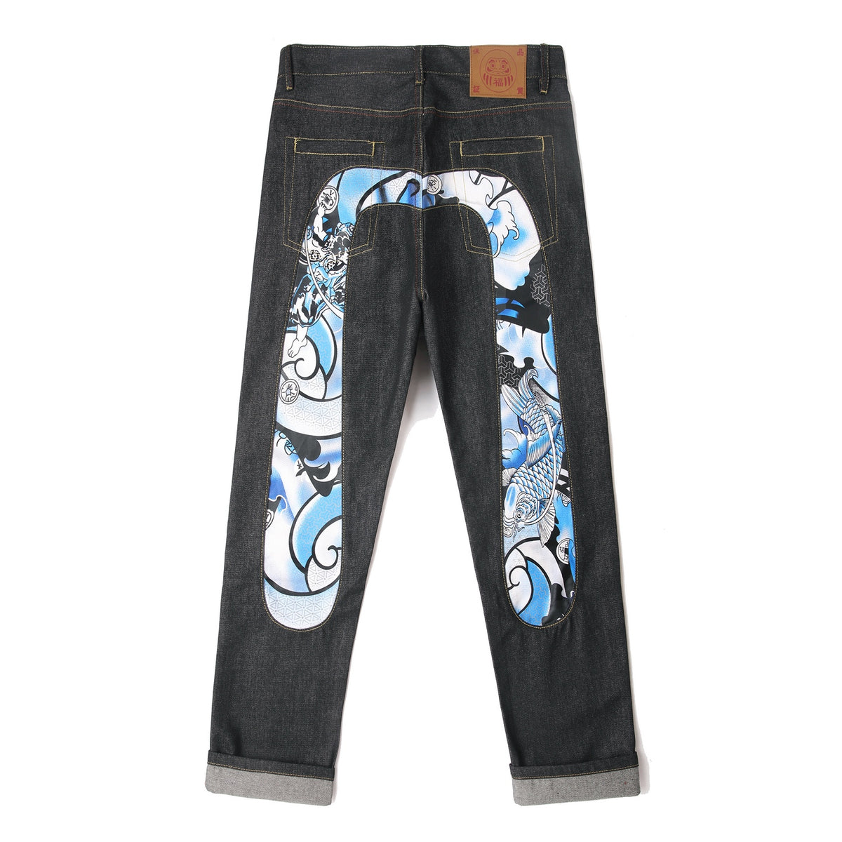 EVISU KURO Daicock Koi Fish Wave Irezumi Print Appliqué Panel Jeans Raw Selvedge Dark Indigo