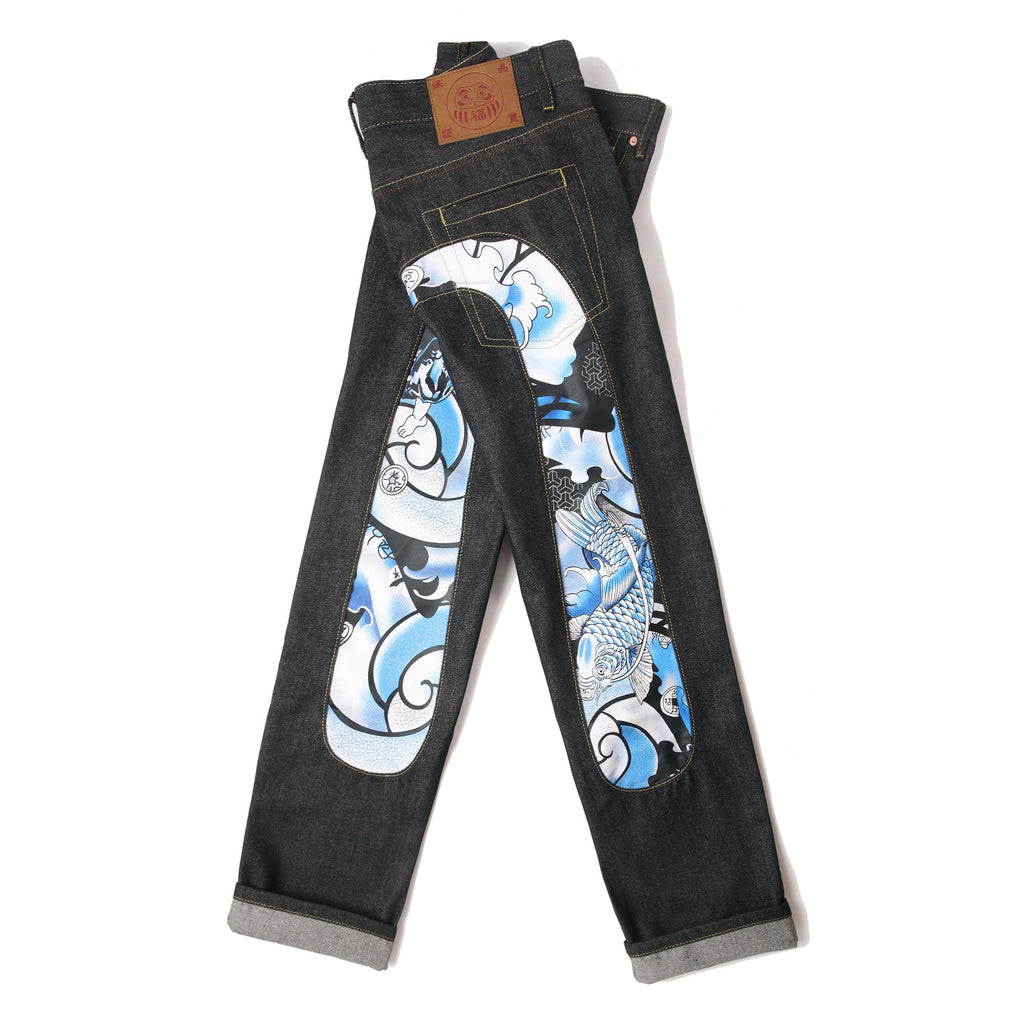 EVISU KURO Daicock Koi Fish Wave Irezumi Print Appliqué Panel Jeans Raw Selvedge Dark Indigo