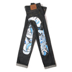 EVISU KURO Daicock Koi Fish Wave Irezumi Print Appliqué Panel Jeans Raw Selvedge Dark Indigo