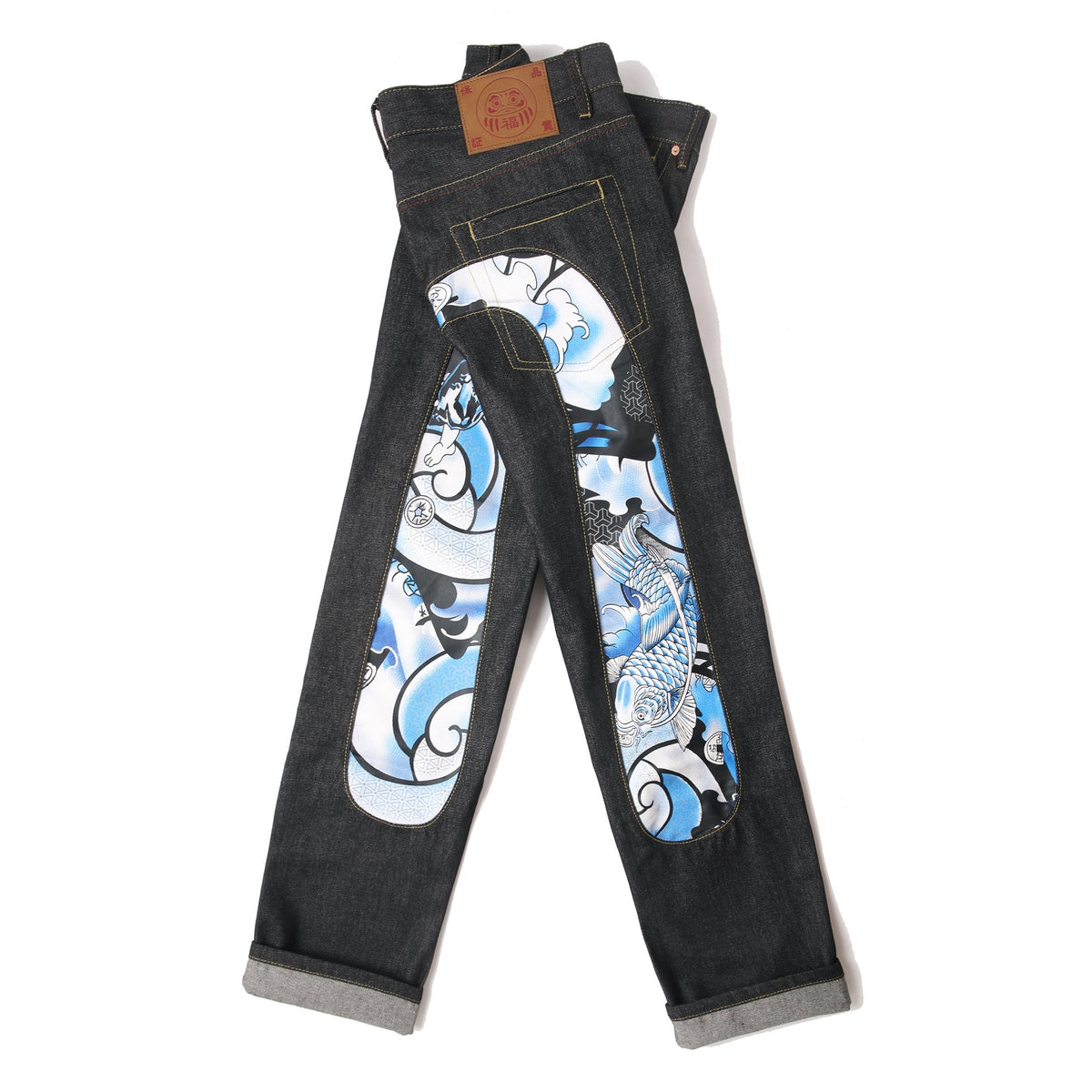 EVISU KURO Daicock Koi Fish Wave Irezumi Print Appliqué Panel Jeans Raw Selvedge Dark Indigo