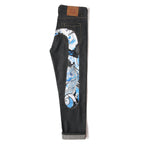 EVISU KURO Daicock Koi Fish Wave Irezumi Print Appliqué Panel Jeans Raw Selvedge Dark Indigo