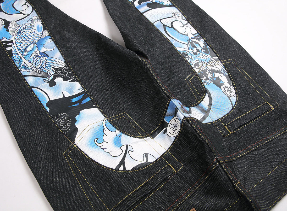 EVISU KURO Daicock Koi Fish Wave Irezumi Print Appliqué Panel Jeans Raw Selvedge Dark Indigo