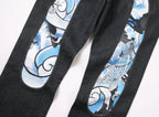 EVISU KURO Daicock Koi Fish Wave Irezumi Print Appliqué Panel Jeans Raw Selvedge Dark Indigo
