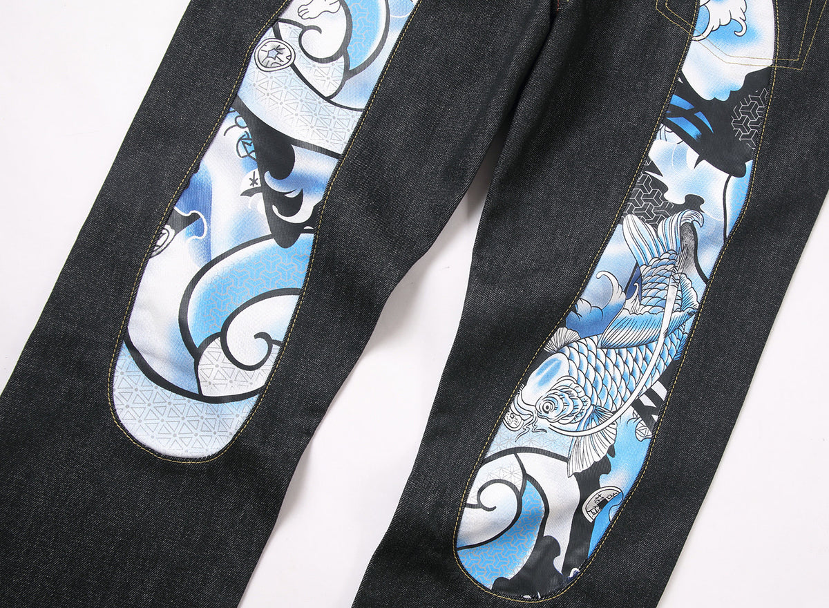 EVISU KURO Daicock Koi Fish Wave Irezumi Print Appliqué Panel Jeans Raw Selvedge Dark Indigo