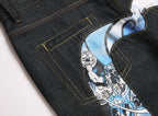 EVISU KURO Daicock Koi Fish Wave Irezumi Print Appliqué Panel Jeans Raw Selvedge Dark Indigo