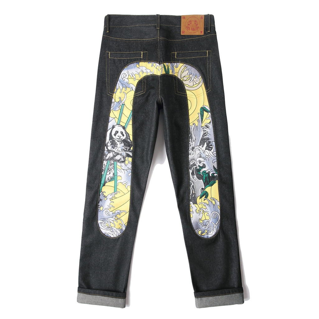 EVISU KURO Daicock Panda Bamboo Wave Print Appliqué Panel Jeans Wide Fit Raw Selvedge Dark Indigo