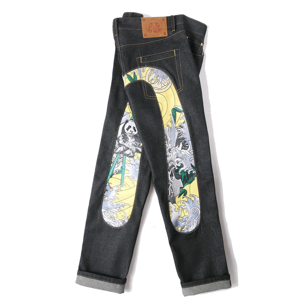 EVISU KURO Daicock Panda Bamboo Wave Print Appliqué Panel Jeans Wide Fit Raw Selvedge Dark Indigo