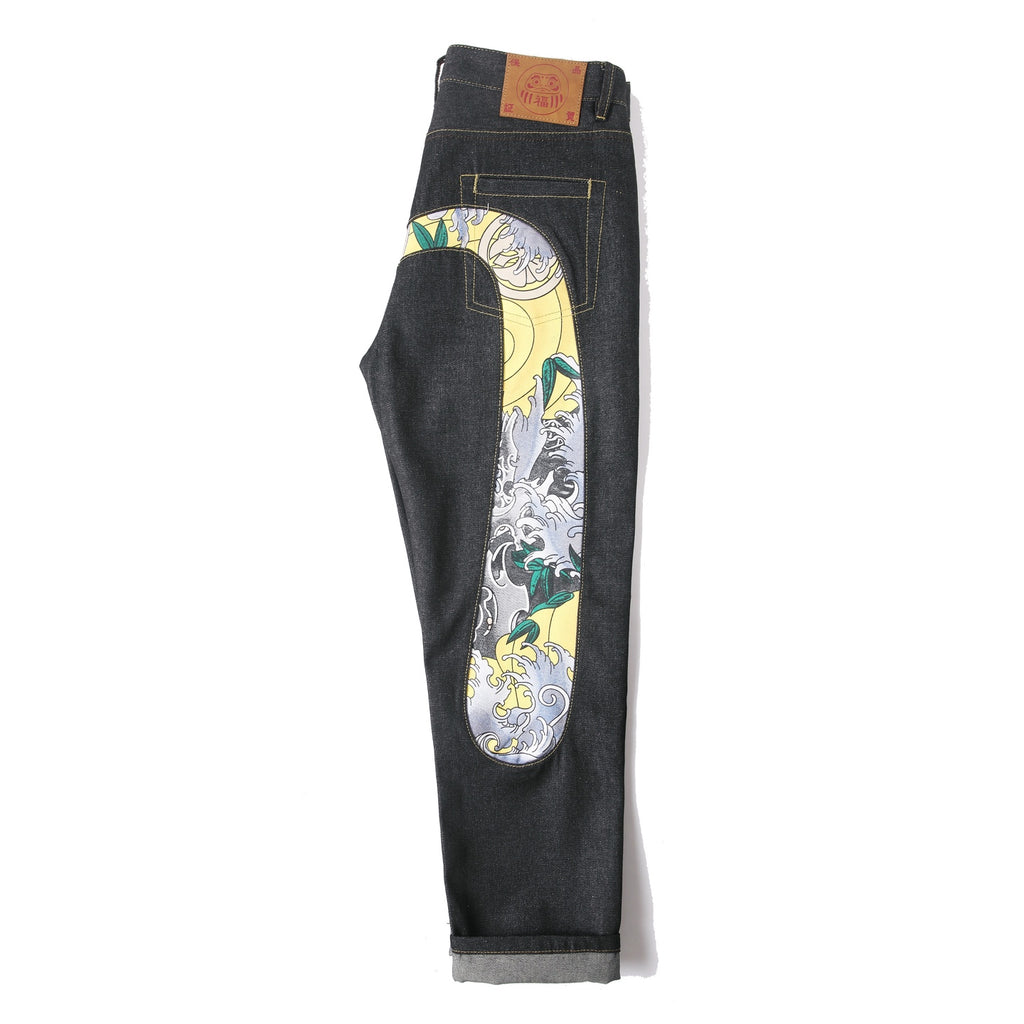 EVISU KURO Daicock Panda Bamboo Wave Print Appliqué Panel Jeans Wide Fit Raw Selvedge Dark Indigo