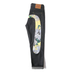 EVISU KURO Daicock Panda Bamboo Wave Print Appliqué Panel Jeans Wide Fit Raw Selvedge Dark Indigo