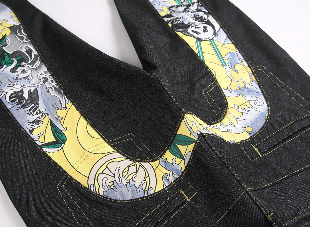 EVISU KURO Daicock Panda Bamboo Wave Print Appliqué Panel Jeans Wide Fit Raw Selvedge Dark Indigo